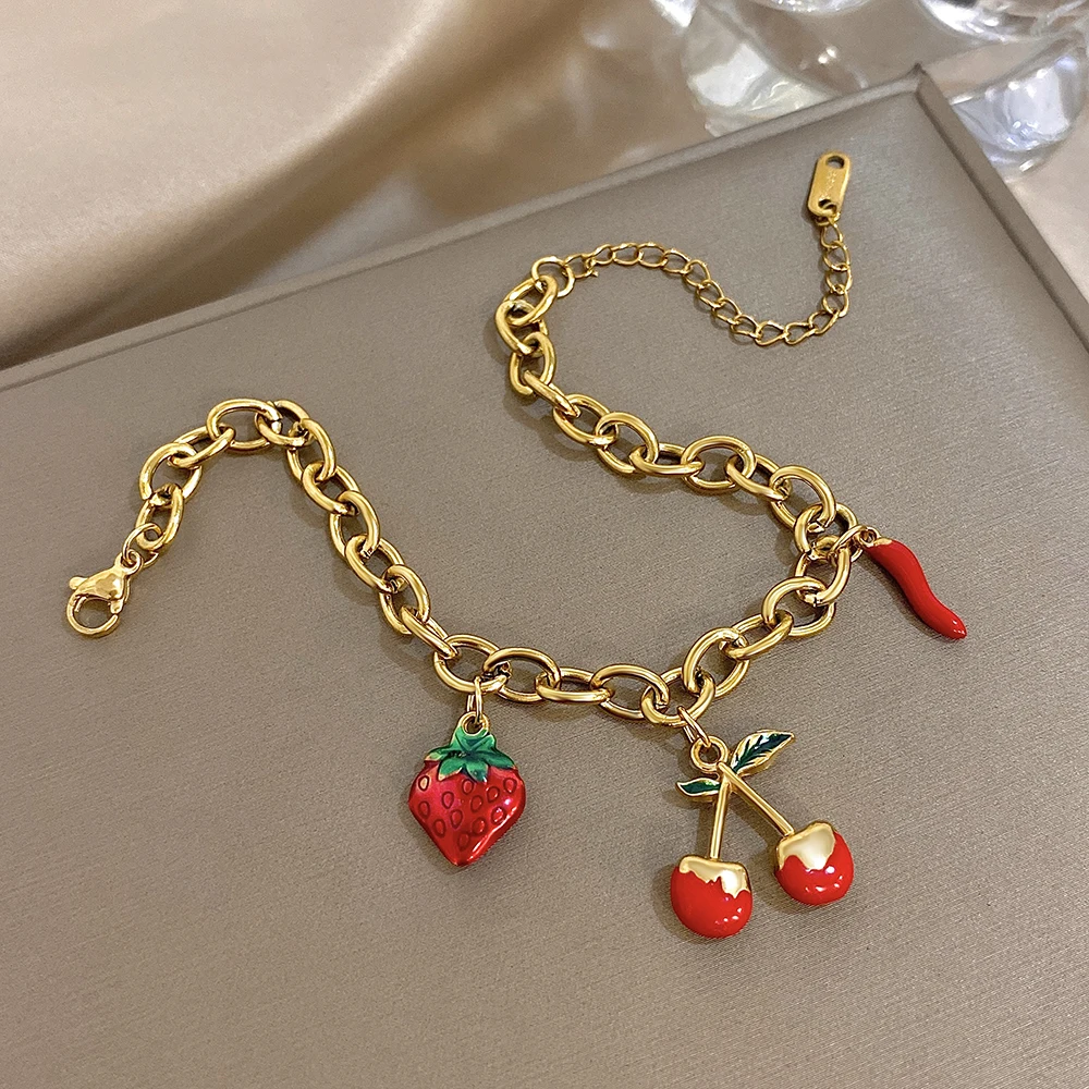 

DODOHAO Strawberry Cherry Stainess Steel Charms Bracelets For Women Sweet Cute Bracelets Gold Color Party Jewelry Gifts For Girl