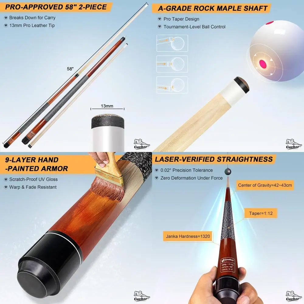 

Set of 4 58 Two-Piece Maple Pool Cues in 4 Colors, 18-21oz Weights, 13mm Tips, Linen Grips, Includes 2 Chalks for Bar Use