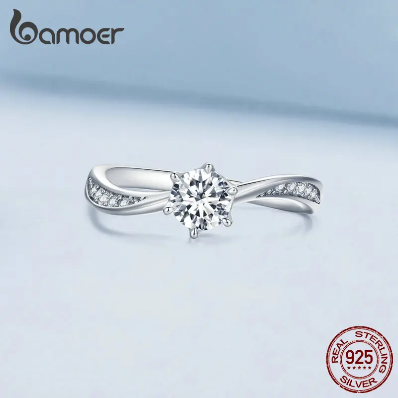 Bamoer 925 Sterling Silver Minimalist Geometric Twisted Finger Ring Pave Setting CZ Band for Women Engagement Anniversary Gift
