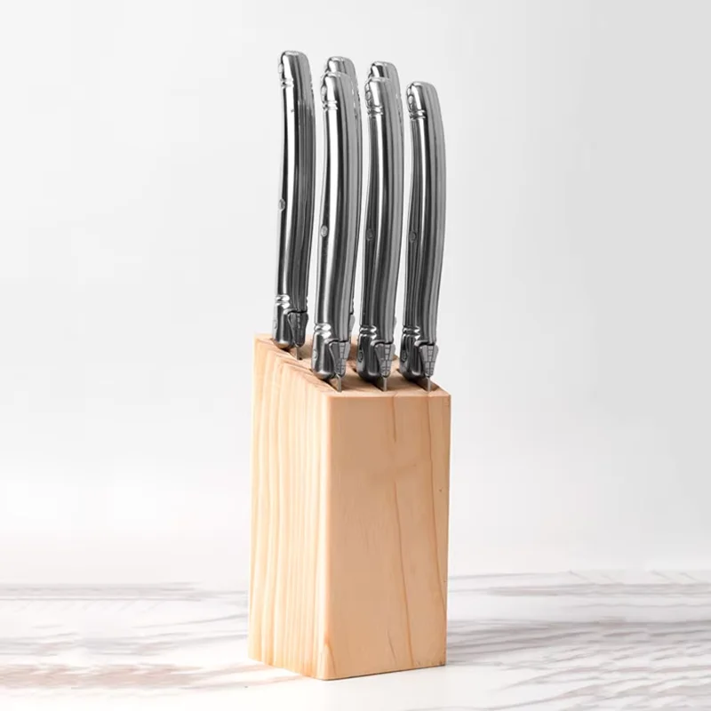 6pcs Laguiole Steak Knives in Beach Wood Base Stainless steel Knifes Silver Tableware Set Dinner Knives Kitchen Cutlery 9inch