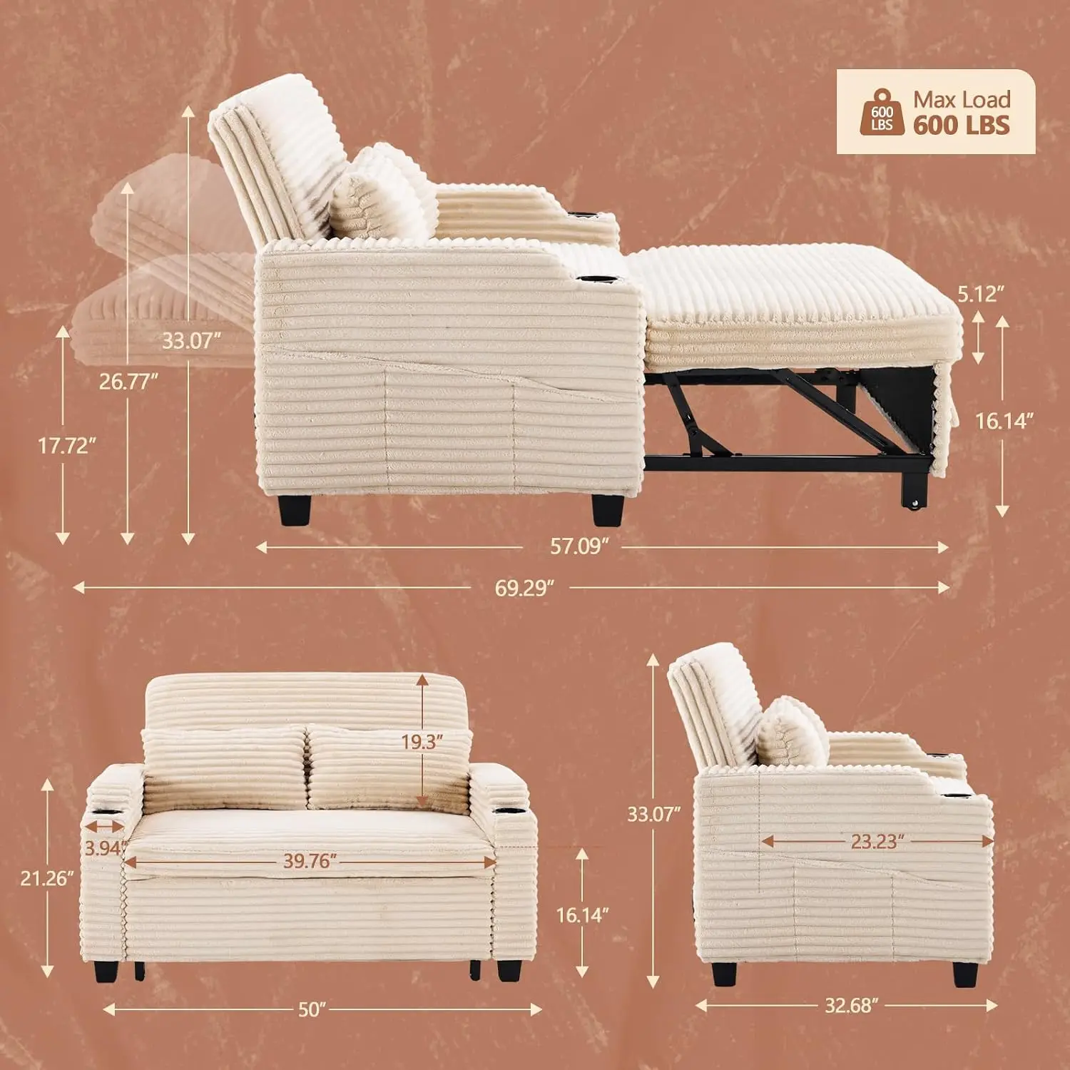 Pull-Out Chair Bed Loveseat Sleeper Couch, Convertible Sofa for Living Room