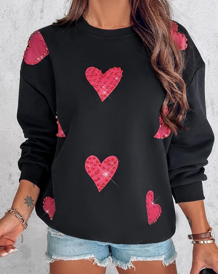 Women's fashionable casual top 2024 autumn/winter round neck heart-shaped printed long sleeved rhinestone decorated sportswear