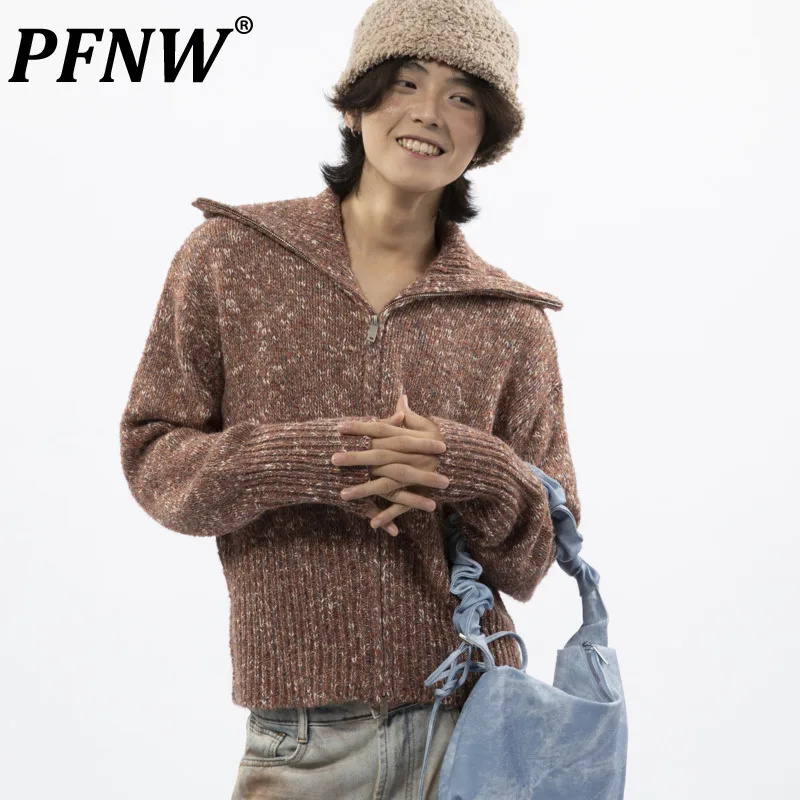 

PFNW Korean Casual Mixed Woven Double Headed Zipper With Lapel Design Short Sweater Vintage Knit Cardigan For Men Autumn 28W5378