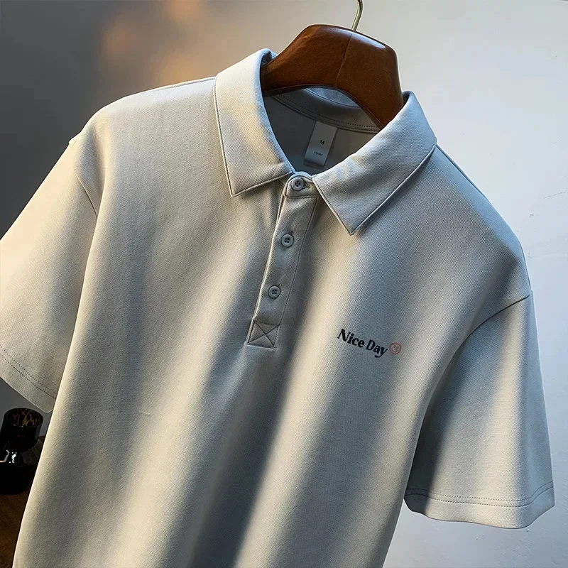 Short sleeved polo shirt men's minimalist printed summer collar T-shirt loose casual five quarter sleeve top