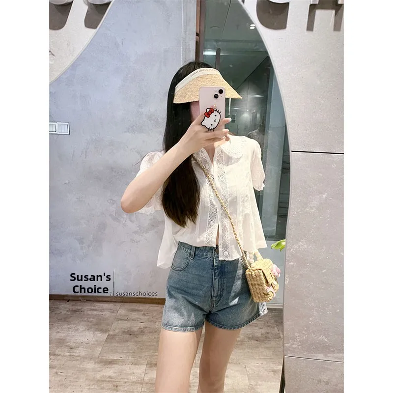 

French Sle White ort Sve irt Susan Doll Collar Earlet Lace Trim Top Women's Premium Faion Spring Summer New Arrival