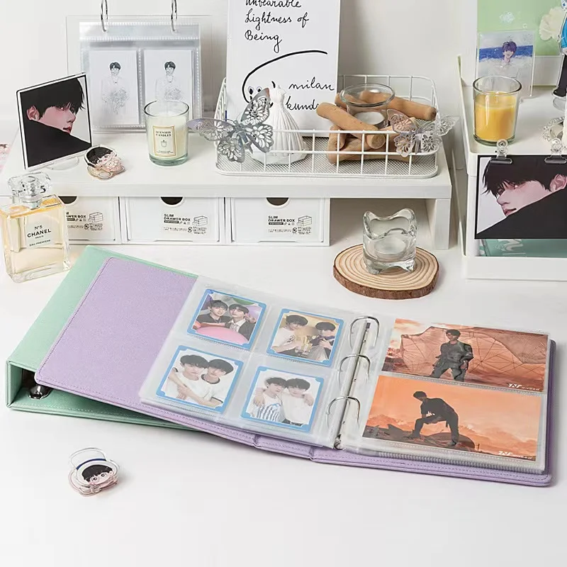 PU Leather Photo Card Macaroon Binder 3 Ring A5 Glitter Cover Kpop Polaroid Photo Album Postcard Collect Book 2 4 Pocket Sleeves