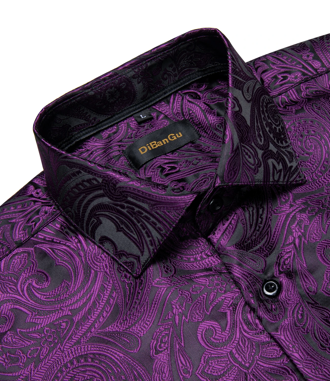 Luxury Purple Paisley Men\'s Long Sleeve Silk Polyester Dress Shirt Button Down Collar Social Prom Party Men Clothing Shirt