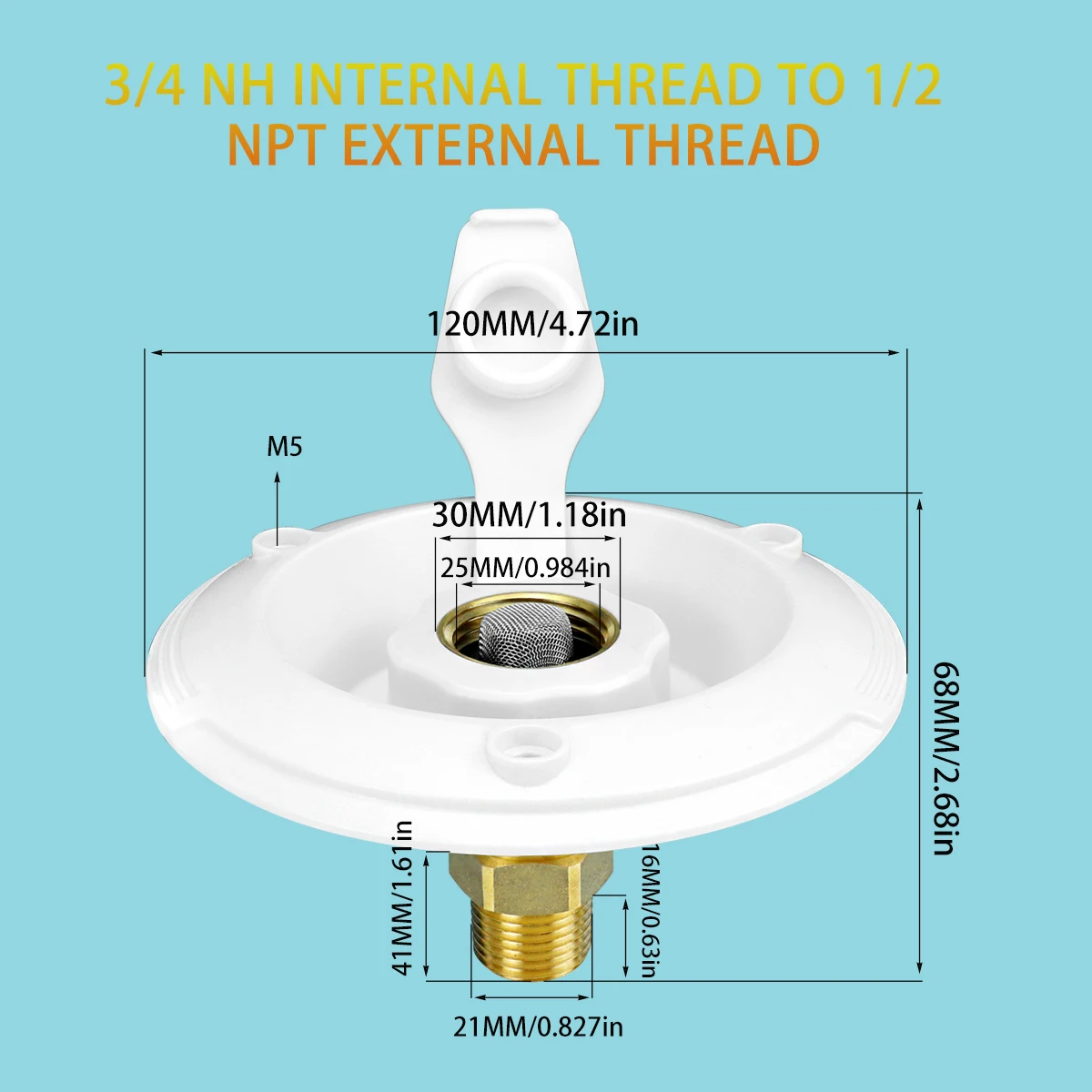 Black/White RV Inlet Connection, with 3/4 NH Internal Thread to 1/2 NPT External Thread Lead-Free Brass Connection Interface.
