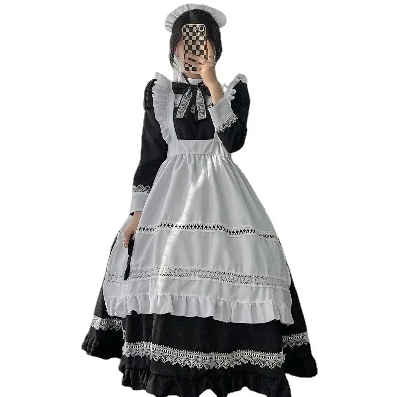 Disfraz de sirvienta negra Victoria para Halloween, delantal de Lolita para mujer, vestido de encaje, largo hasta el suelo, traje Colonial Vintage de camarera de talla grande