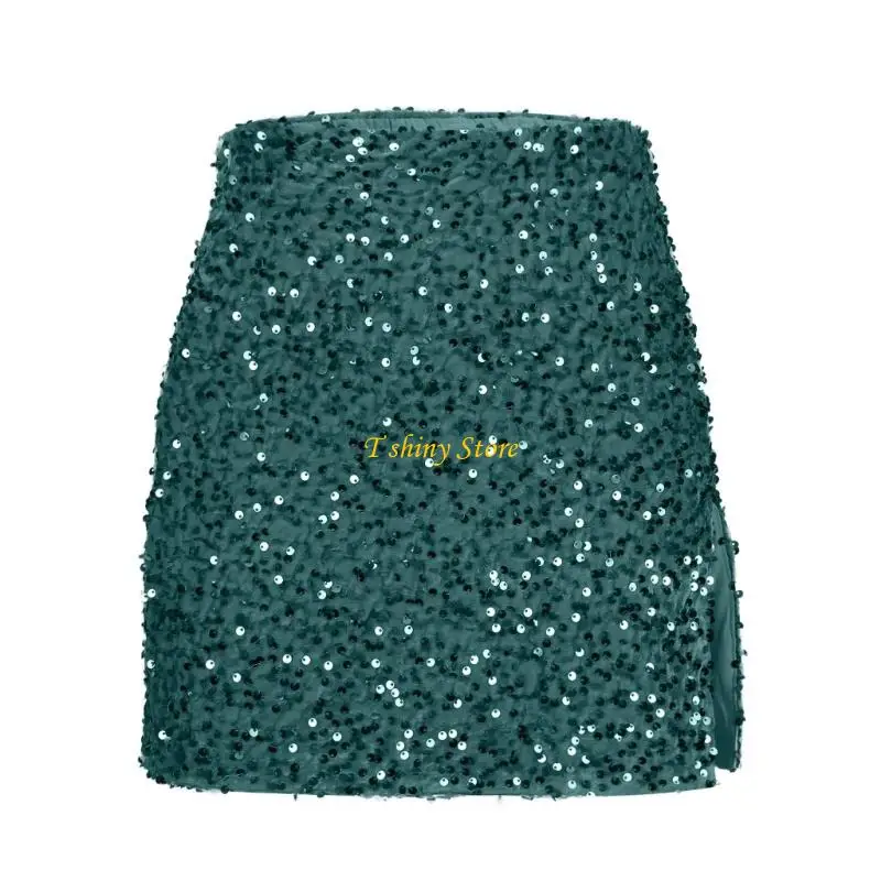 N58F Women's Sequin Skirt High Waist Bodycon Split Mini Skirts Night Out Party