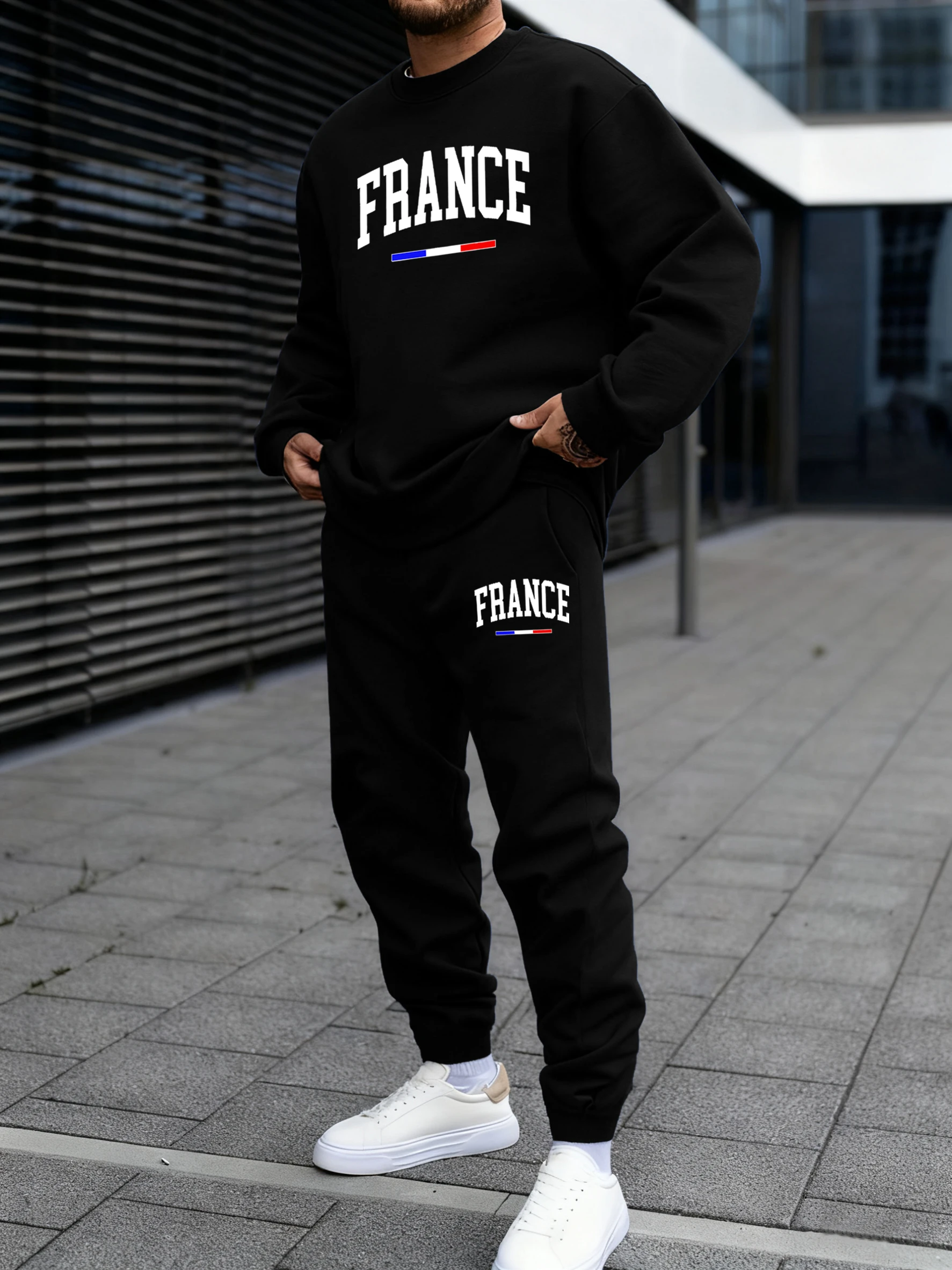 

France Letter Creativity Prints Men Autumn New Sweatshirt Set Soft Warm 2Pc Sets Fleece Comfy Pullover O-Neck Casual Sweatpants