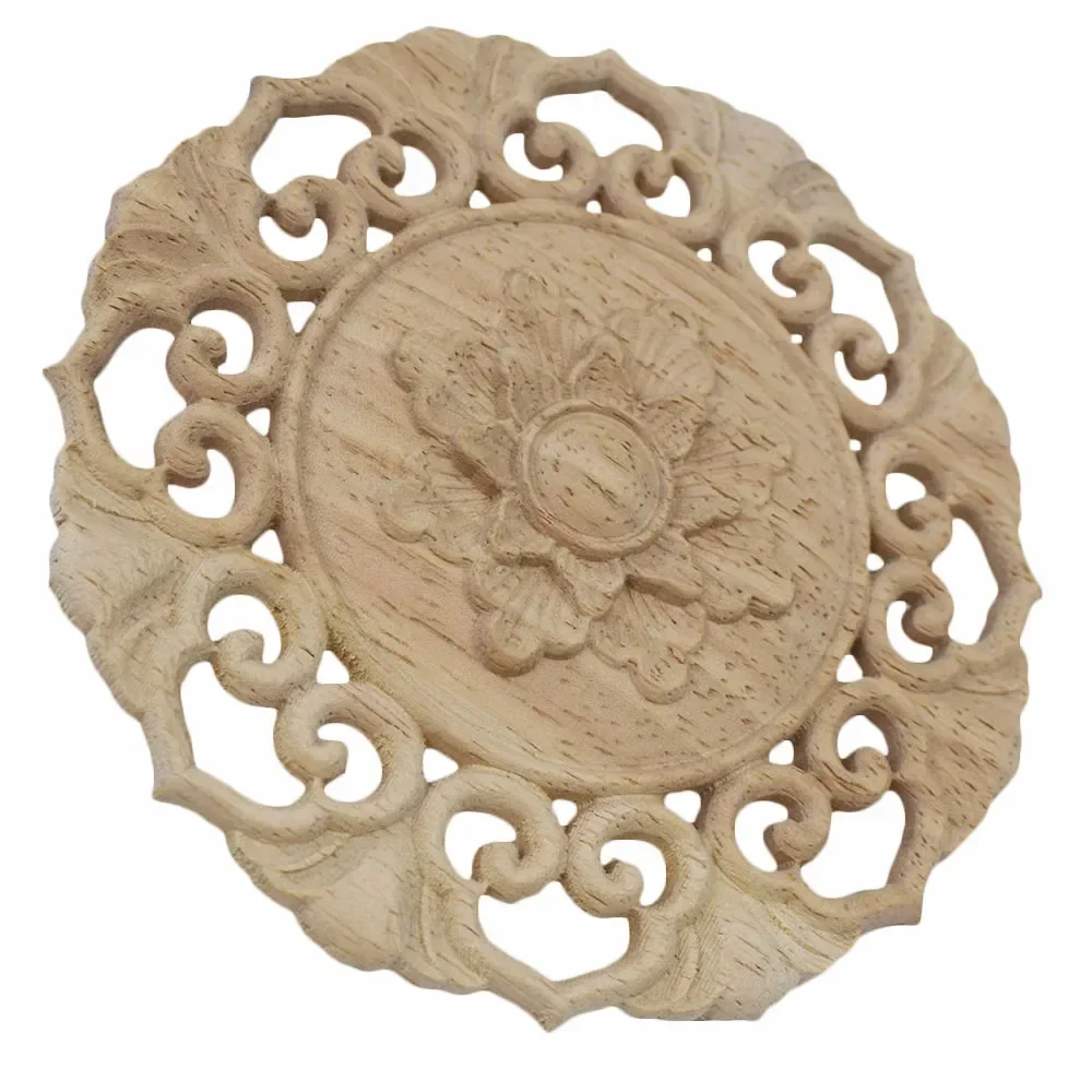5PCS 12cm Round Flower Carving Wood Appliques Furniture Wooden Mouldings Vintage Unpainted Accessories Decoration Figurines