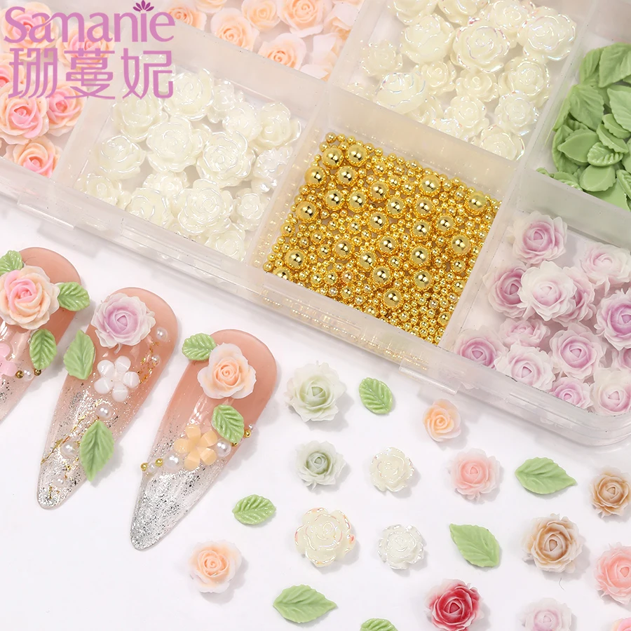 12Grids 3D Exquisite Colorful Camellia Rose Flower Leaf Pearl Nail Art Charms Mixed Gold Beads Metal Nails DIY Decoration Crafts