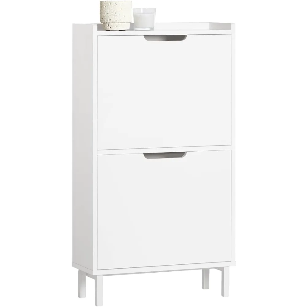 

Slim Shoe Cabinet Entryway, Narrow Shoe Rack with 2 Flip-Drawers, White Shoe Organiazer Hallway, Hidden Shoe Storage