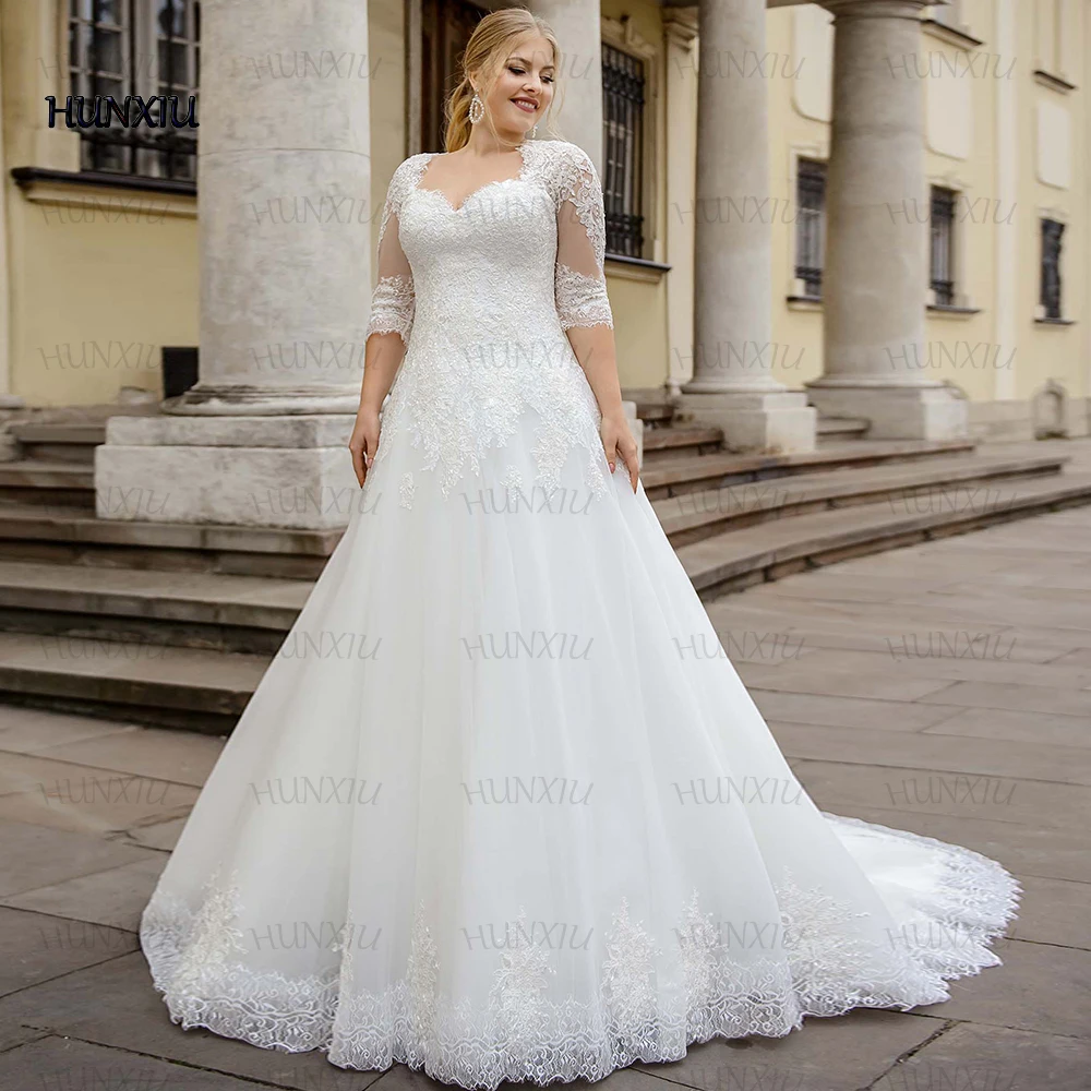 

Classic Plus Size Half Sleeve Wedding Dress Sweetheart Appliques Illusion Tulle Vestidos De Novia A-Line Floor Length Gowns