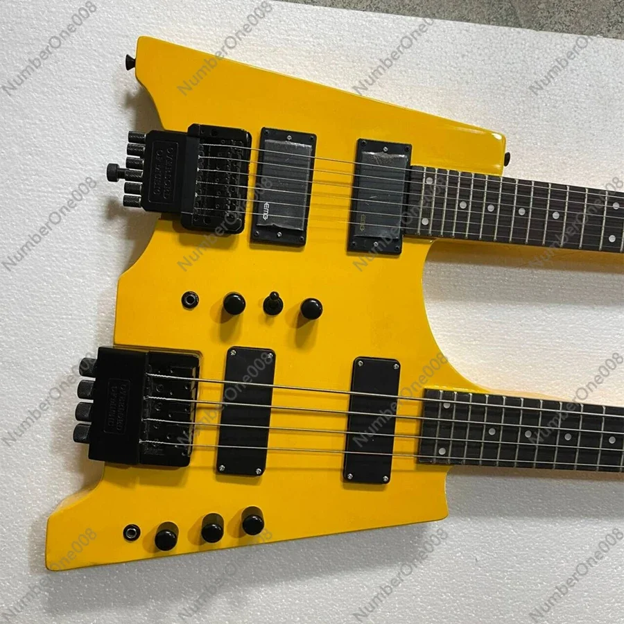 Flyoung Double Neck Yellow Headless Electric Guitar with Black Bardware,Offer Customize