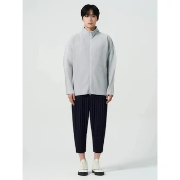 Miyake Pleated Men's Zip Up Jacket Plisse Cardigan Two Way Zipper Oversized Loose Fit Japanese Streetwear Casual Outerwear 3