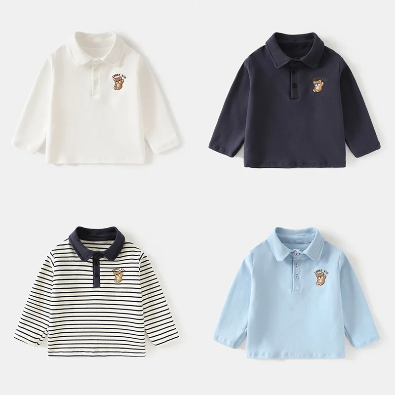 

New Autumn Children Clothes Kids Polo Shirt Long Sleeve T-Shirt with Cartoon Bear Embroidery Baby Boy Girl Casual Top