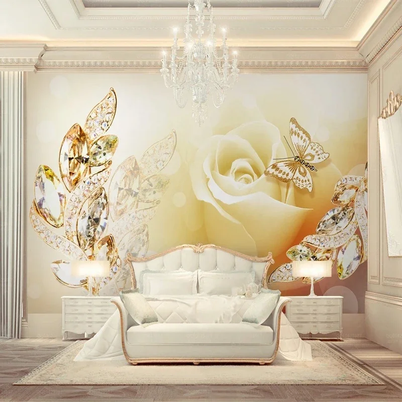 Custom 3D Mural Gold Rose Flower Leaf 3D Fewelry Wallpaper for Bedroom TV Backgdrop Wall Covering Luxury Home Decoration