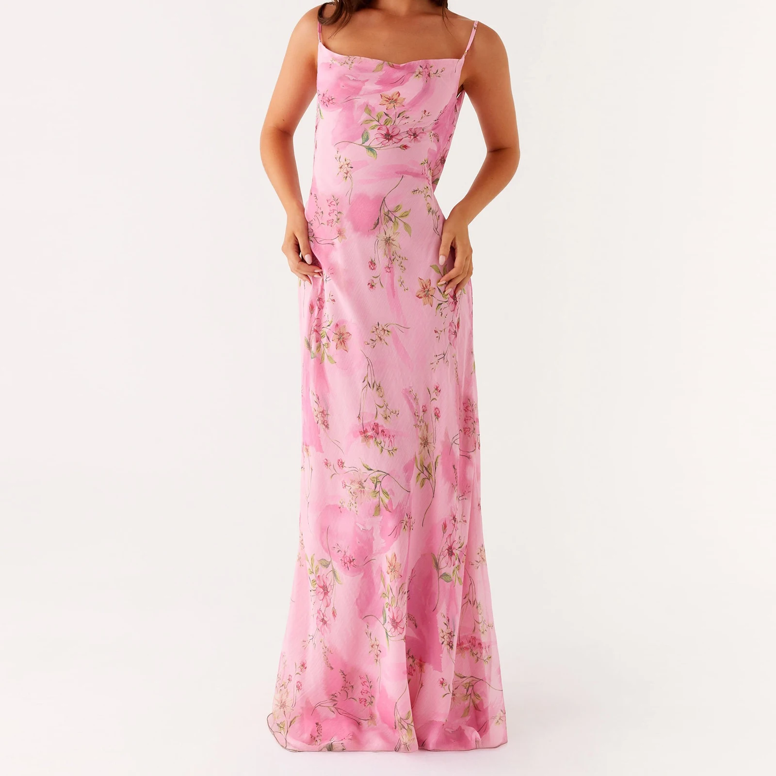 Boho ผู้หญิงฤดูร้อนชุด Cami ยาวแขนกุดเปิดกลับดอกไม้พิมพ์สปาเก็ตตี้ชุดเซ็กซี่ชุดเปลือย Clubwear