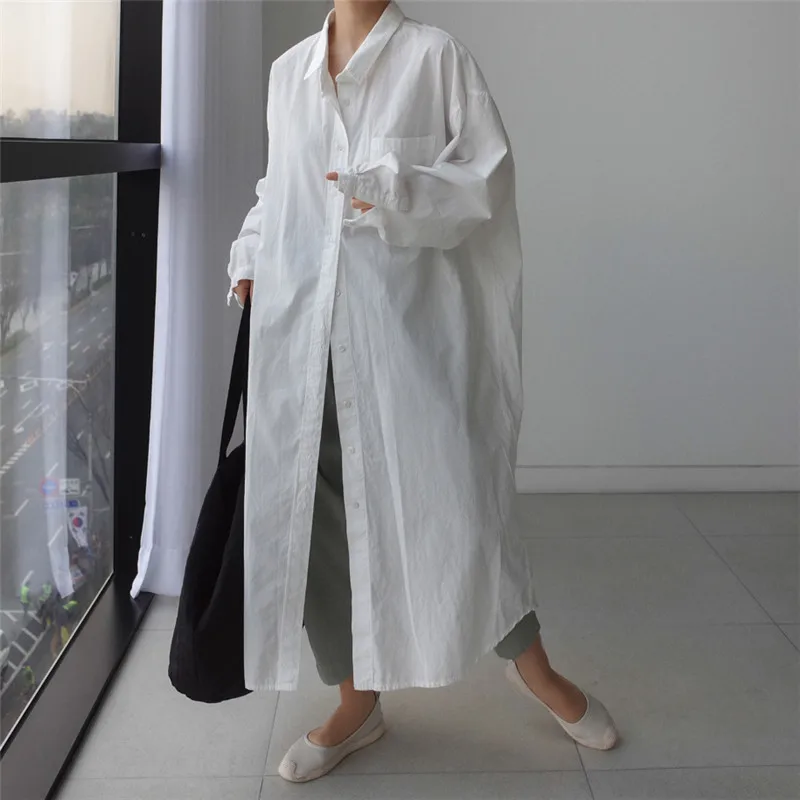 

Pure Cotton White Loose Plus Size Shirt Long Over-the-knee Bottoming Shirt Temperament College Style Women's Cardigan
