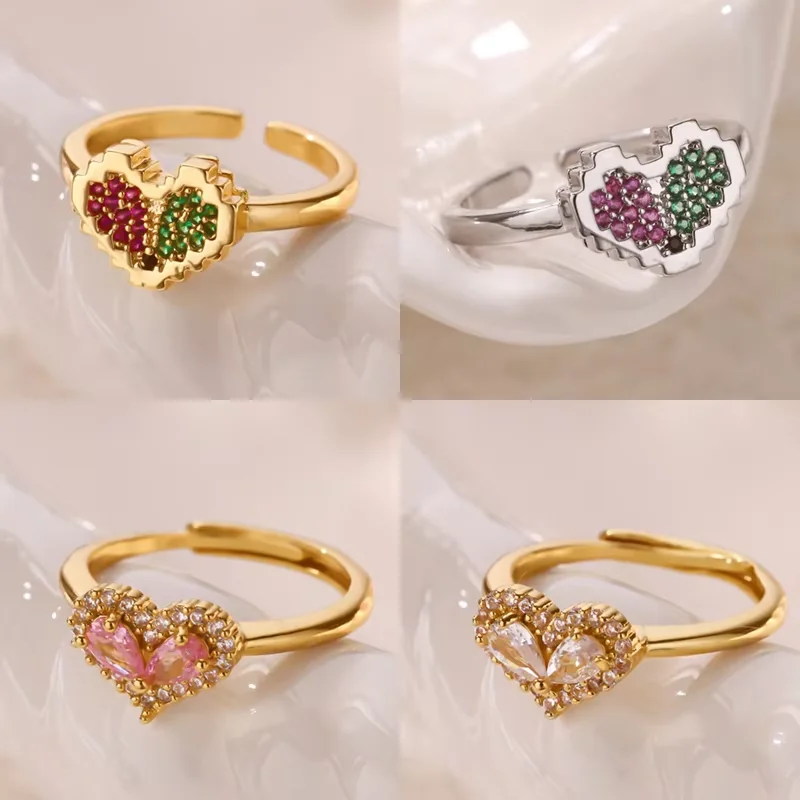 خاتم على شكل قلب من الزركون الملون للنساء لون ذهبي من الفولاذ المقاوم للصدأ على شكل قلب قابل للتعديل لذكرى الزفاف هدية مجوهرات مقاومة للماء