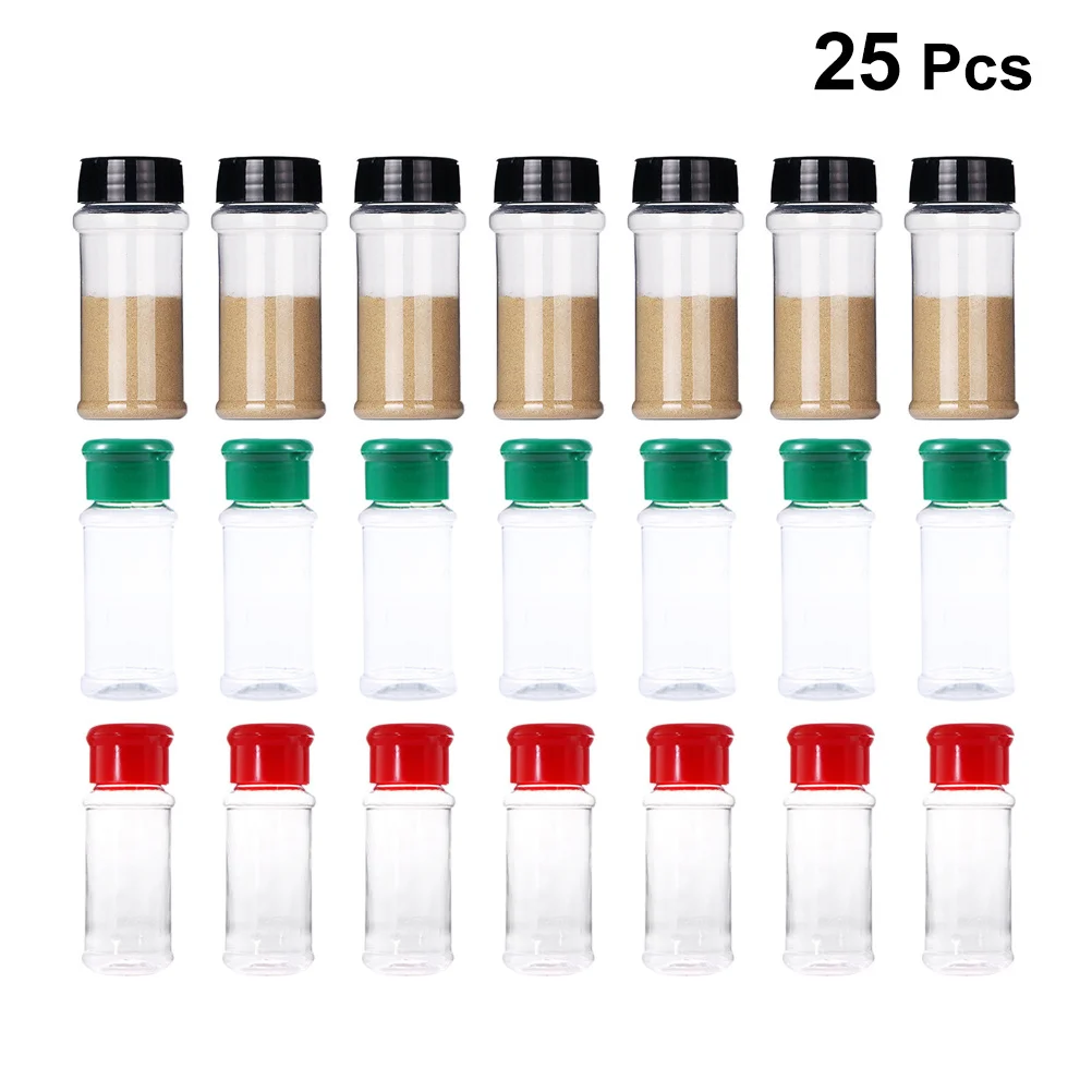 Botella de plástico para condimentos, dispensador de especias, Perforciones gruesas para queso, pimienta, sal, azúcar, cacao en polvo recargable, 25 uds.