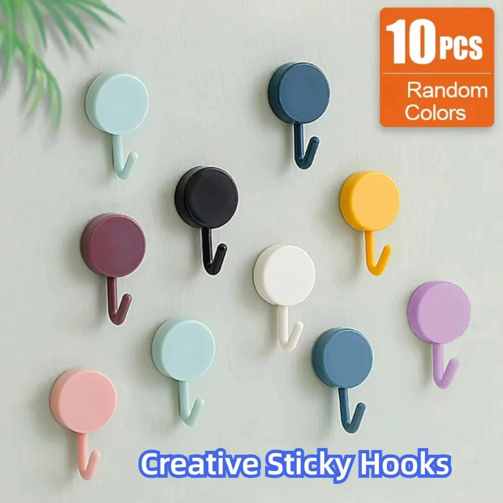 10Pcs Creative Sticky Hooks Self Adhesive Wall Hooks Round Plastic No Drill Colorful Bathroom Kitchen Home Storage Hanger
