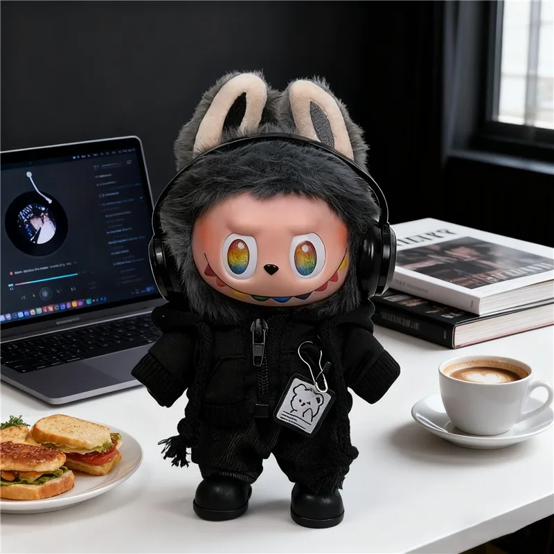 15 17 cm Für Labubu Puppe Cool Boy Mann Leder Jacke Mantel Kleidung Schwarz Zipper Bär Hoodie Schuhe Headset Kleidung zubehör