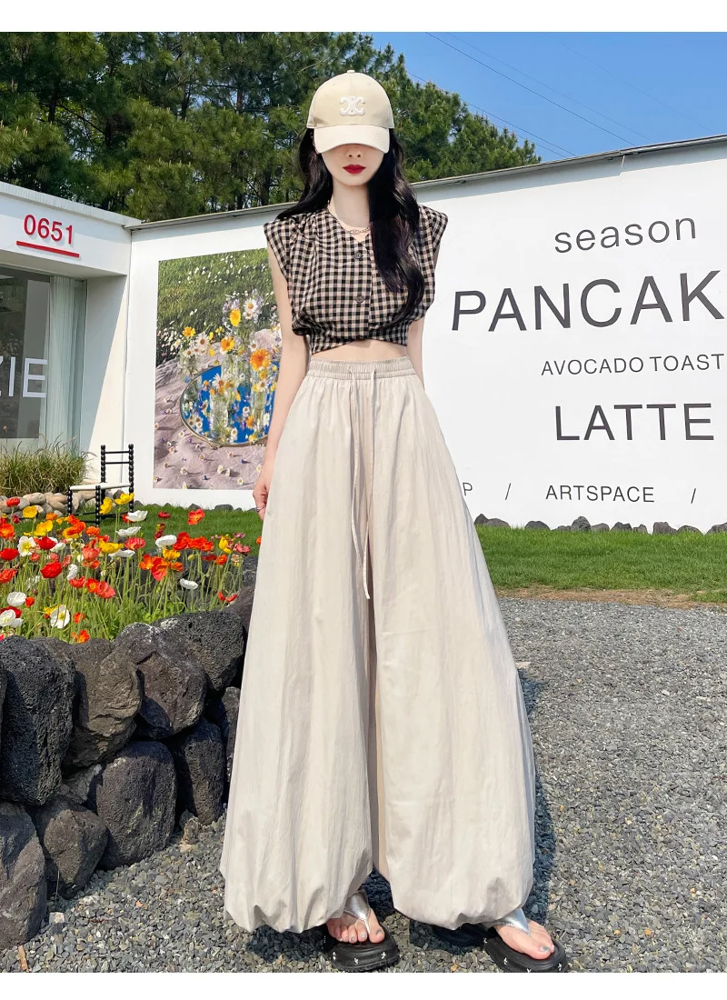 Women's Oversized High Waist Wide Leg Pants Spring Summer Solid Color Casual Cropped Pants Woman Loose Puffy Lantern Trousers
