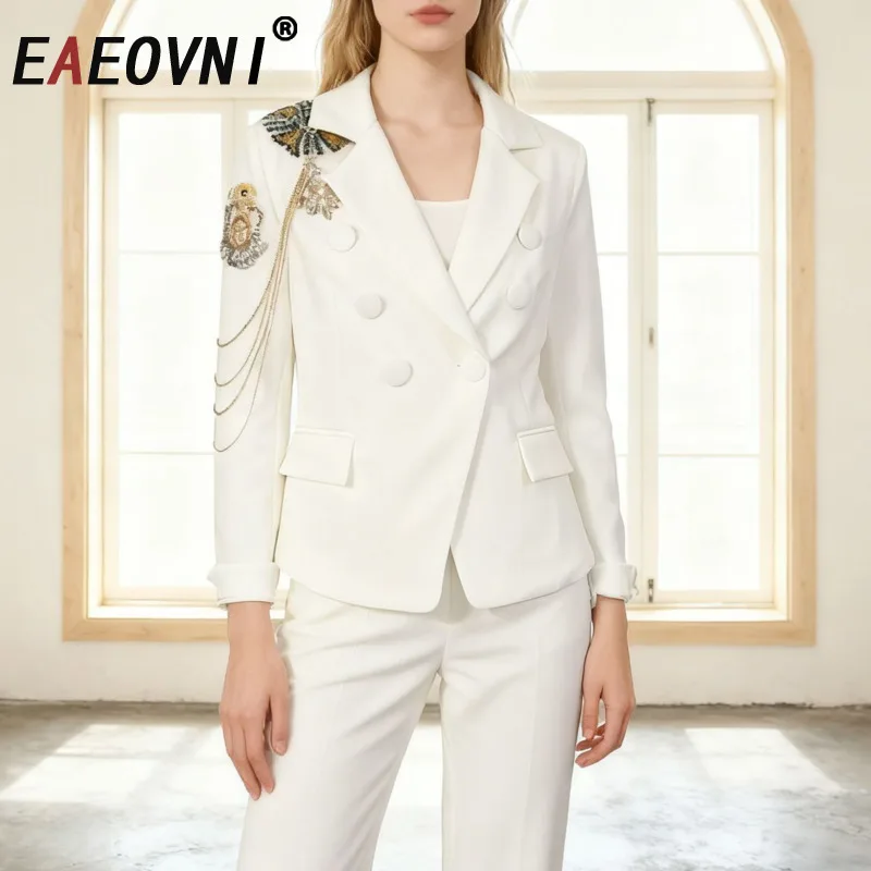 

EAEOVNI Elegant Solid Suit Women Notched Collar Sequins Bow Spliced Design Button Blazer Jacket Fashion 2026 New Clothing