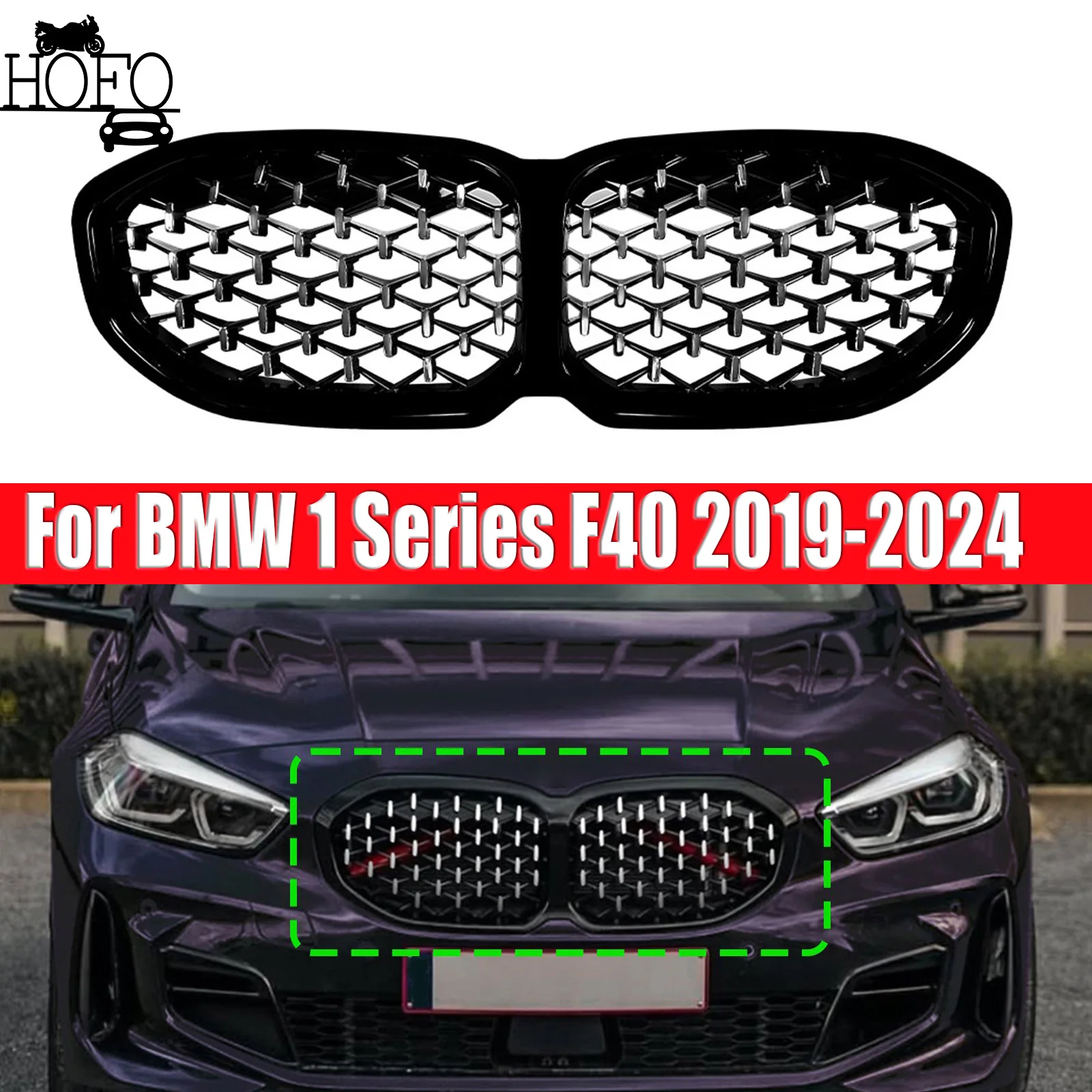 

For BMW 1 Series F40 2019-2024 Front Kidney Grille Racing Grill Upper Bumper Radiator Hood Mesh Grid Without LED Light