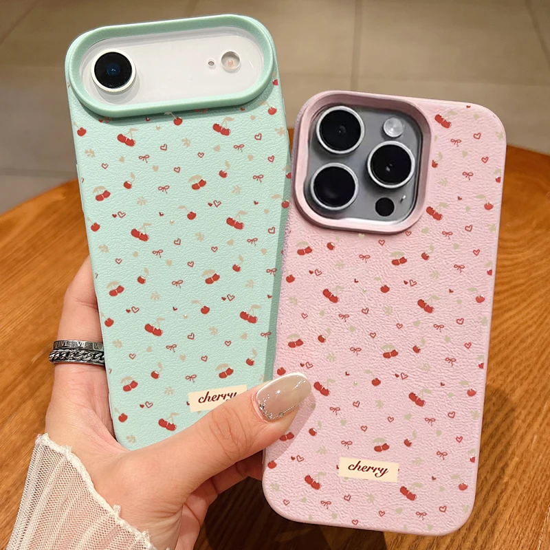 حافظة من السيليكون المقاوم للصدمات لهاتف آيفون اير 17 16 15 14 13 12 برو ماكس 17 12 برو 11 16e نسيج جلدي من البولي يوريثان الكرز الصغير كوف