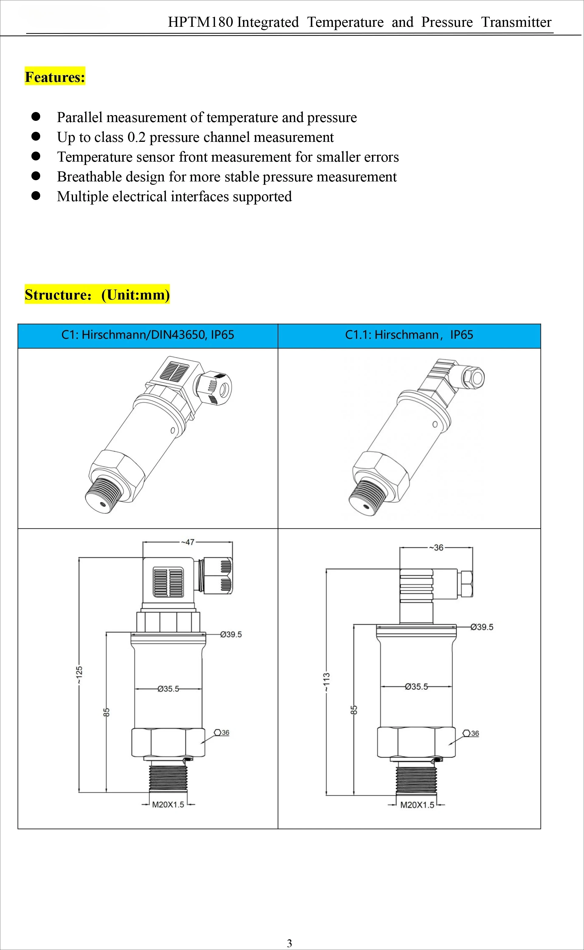 Compact Design Integrated Pressure Temperature Transmitter 4-20mA/RS485/0-10V Hydraulic Sensor for Gas Diffusion Silicon