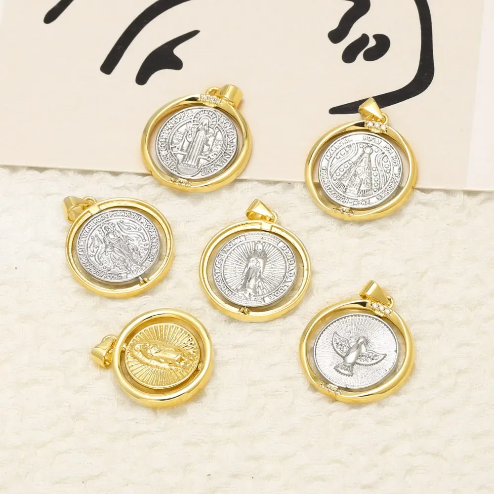 OCESRIO Virgin Mary Charms for Jewelry Making Gold Plated Rotating San Benito Catholic Religious Pendant Components pdtb910