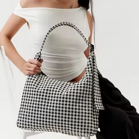 Nylon Women's Shoulder Bag, Brand Design Black White Grid Plaid Crossbody Bucket Bag, Large Capacity Commuter Tote Bag Shopper