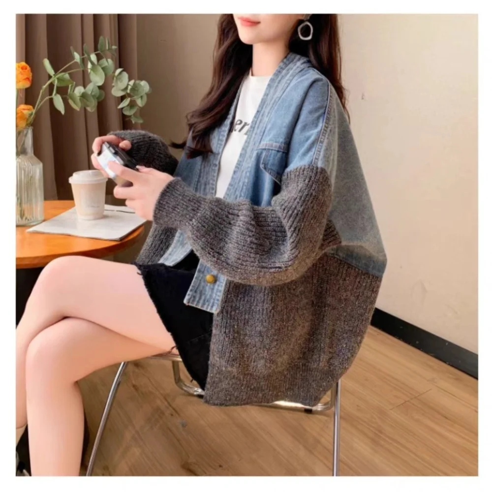 Trend Loose Fit Denim Sweater Coat Versatile Casual Knitted Cardigan Warm Patchwork Cardigan for Women
