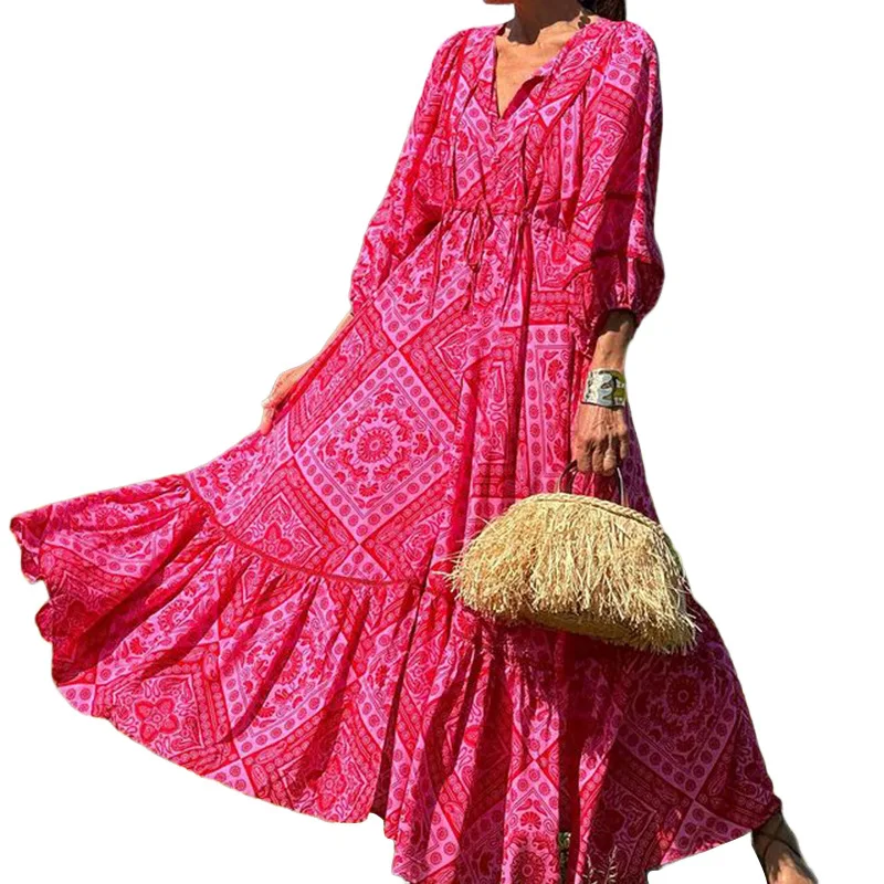 BAMBOOBOY Summer High-waisted Tied Loose-fit Long Dress Side Slit 3/4 Sleeve Printing V-neck Bohemian Casual Red Sundress