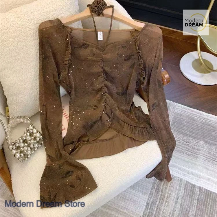 French advanced round neck flower bright screen yarn T-shirt female spring and autumn trumpet sleeve long sleeve bottoming shirt