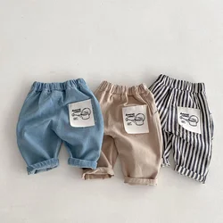 1-5Y Kids Jeans Stripe Denim Pants Loose Straight Patchwork Pocket Boys Trousers Mid Waist Kids Outfit Pants
