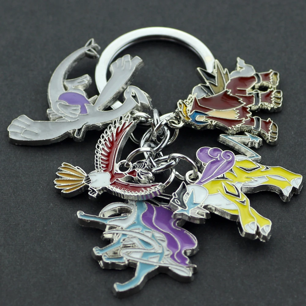 Cartoon Anime Pokemon Metal Enamel Keychain Kawaii Lugia Suicune Raikou Entei Pendant Keyring for Men Backpack Ornament Gift