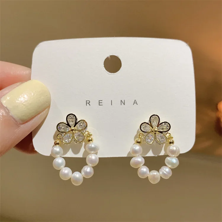 Korean new design fashion jewelry 14K gold plated natural pearl flower zircon earrings elegant women's daily work accessories