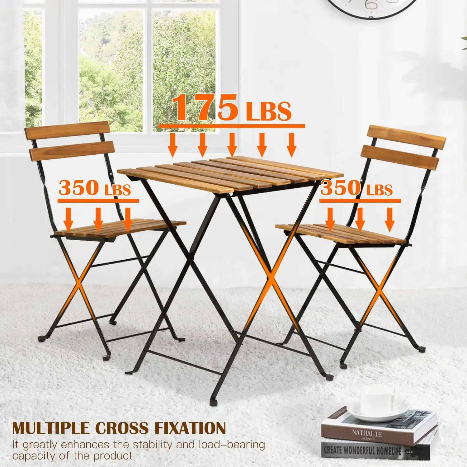 Natural wood 3-piece folding patio bistro set including one table and two foldable chairs, space-saving small outdoor furniture for apartment, lawn, balcony and backyard daily rest view 3