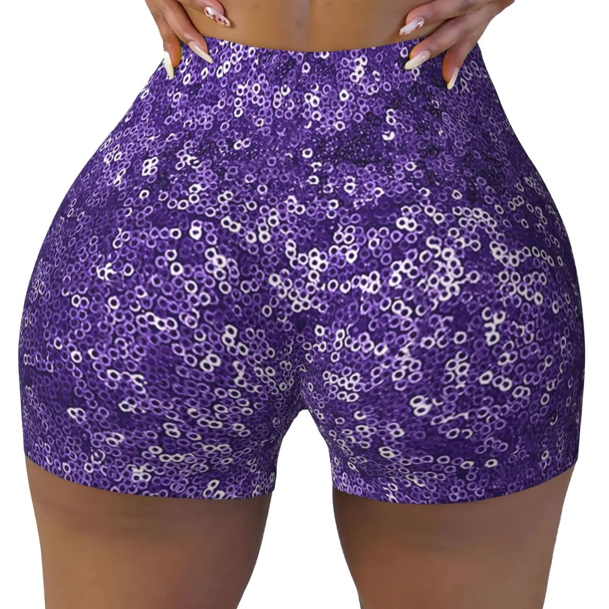 Aangepaste paarse pailletten dames gym workout hardloopshorts atletische volleybal biker yoga shorts