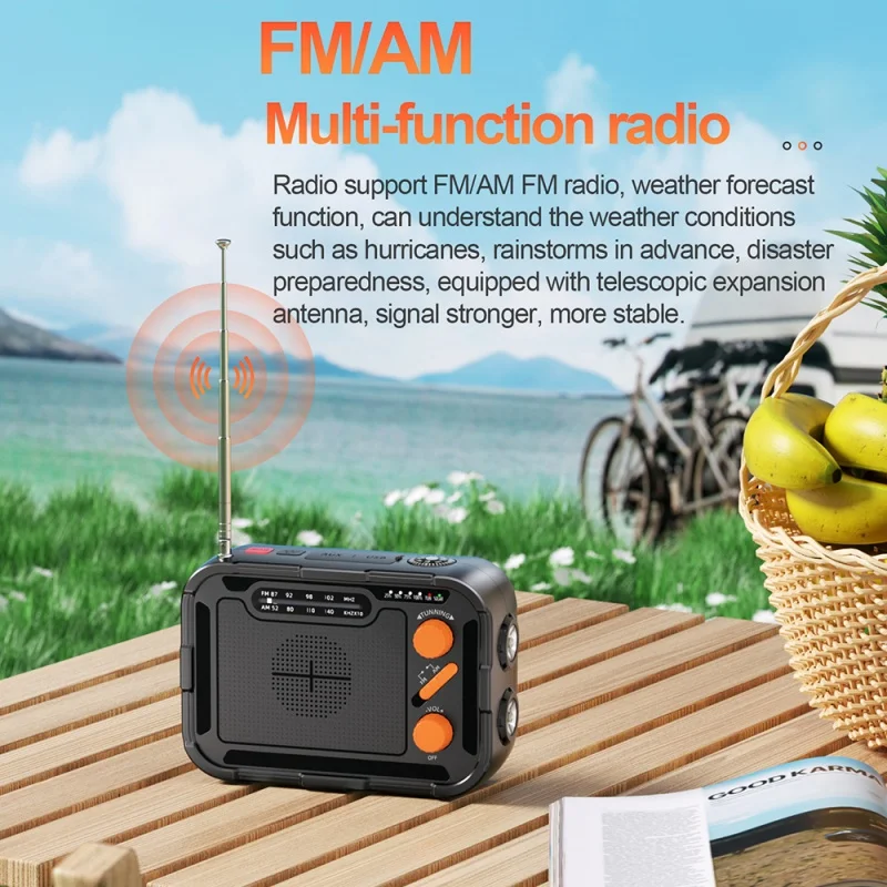 Hand Crank Solar Power Bank with FM/AM Radio Flashlight Portable Charger DC 5.0 Type C for iPhone 15 Huawei Xiaomi Spare Battery
