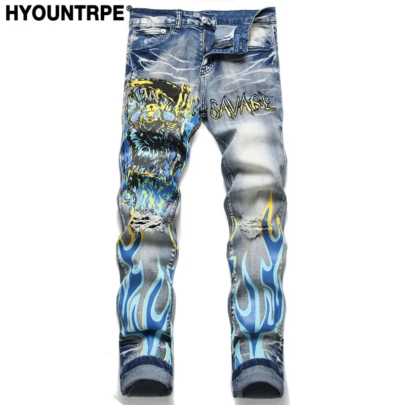 

Fashion Fire Graffiti Jeans Printed Denim Pants Mens Distressed Biker Jeans Streetwear Casual Y2k Slim Hip Hop Pants Joggers