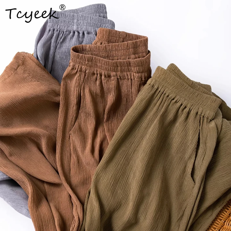 

Шелковые брюки-галифе Tcyeek из 100% натурального шелка для женщин, весна-лето 2026, повседневные, с эластичным поясом, женская одежда, Pantalon Pour Femme