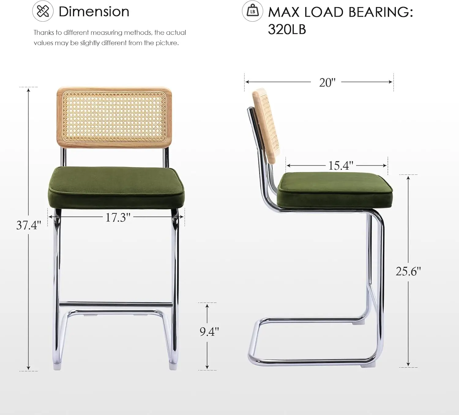 Natural Rattan Bar Stools Set of 2, 26'' Modern Boho Counter Stools, Velvet Counter Height Chairs with Solid Wood Back