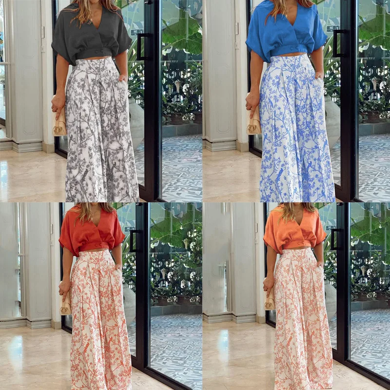 

Women's V-ne irt Top And Wide Leg Pants Set Faionable Polyester Blend Summer Outfit for Ages 8-25