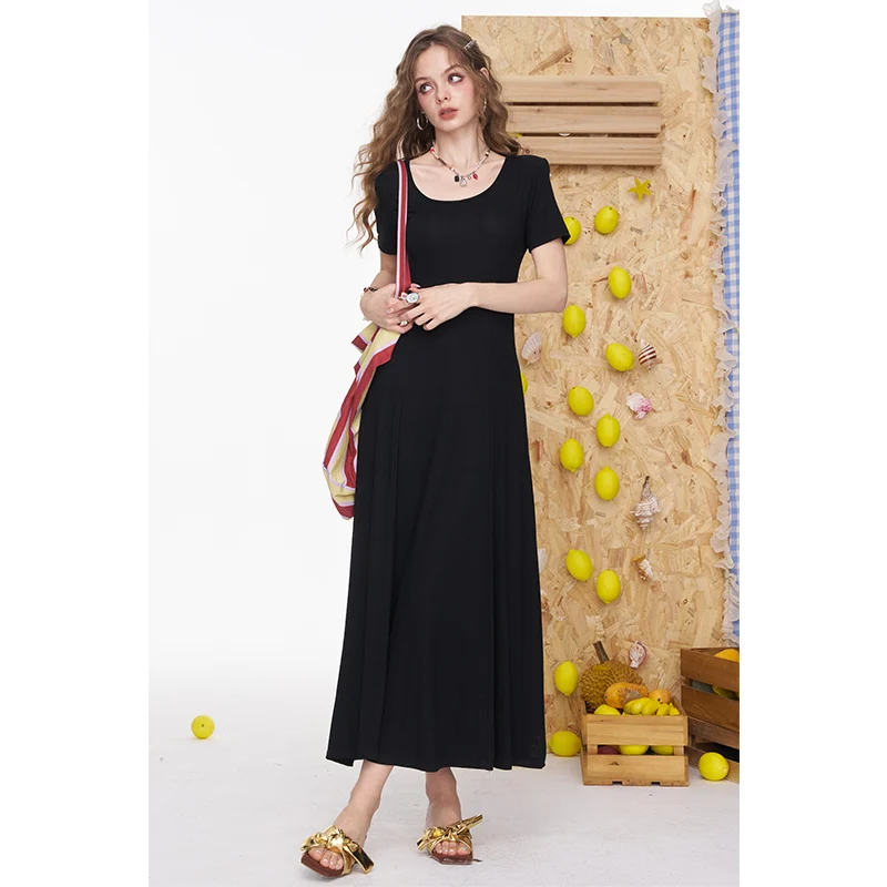 ELFSACK Abito lungo da vacanza a maniche corte elegante tinta unita slim fit per donna